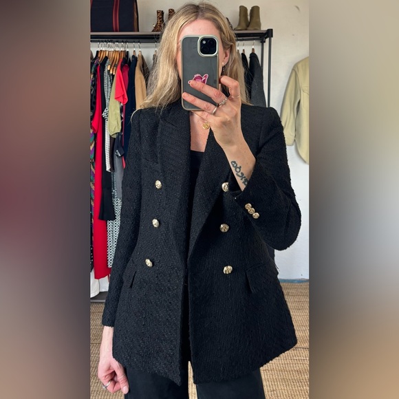 RARE Zara Black Textured Weave Tweed Double Breasted Gold Buttons Blazer Jacket - Picture 4 of 16